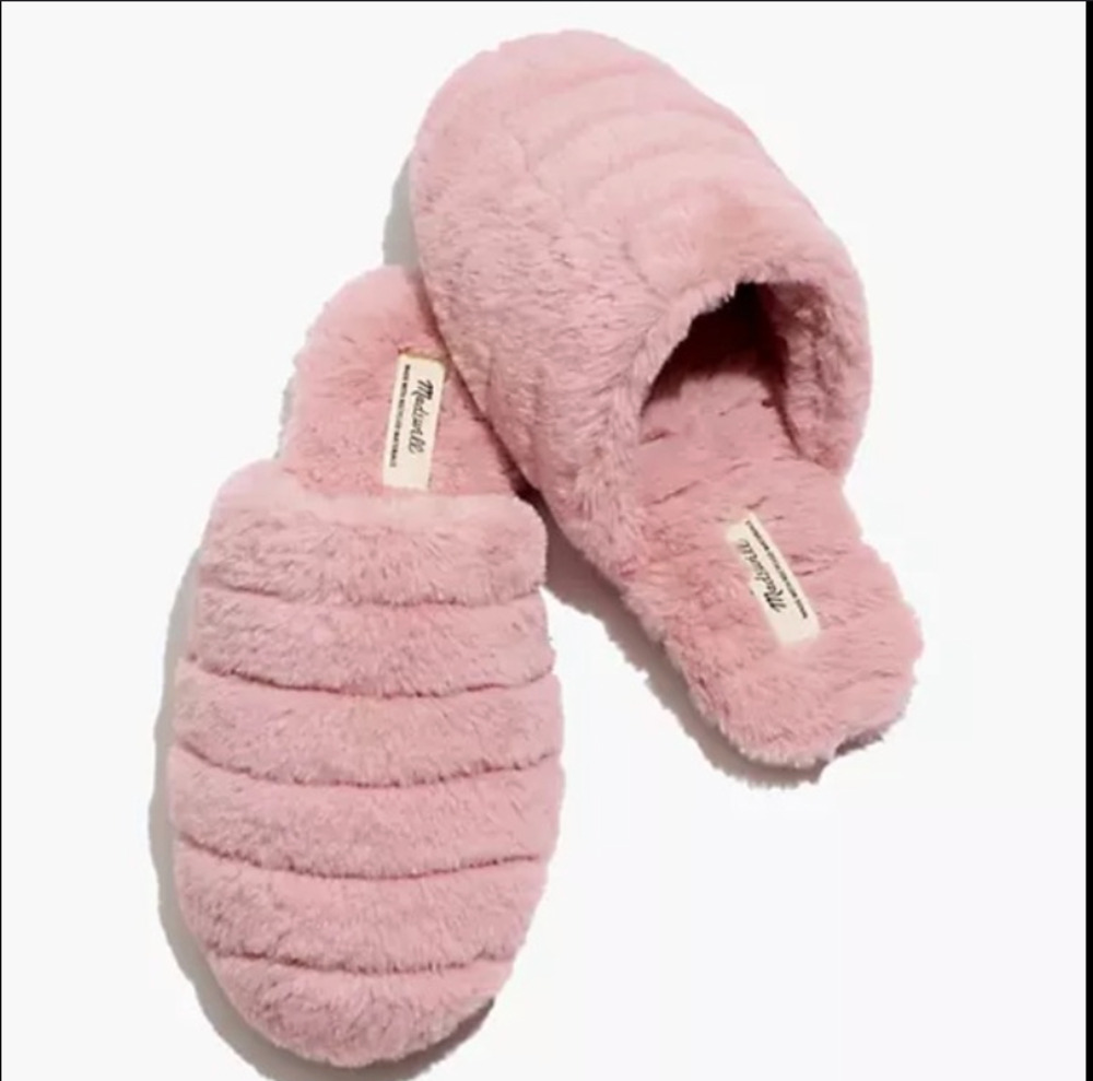 Madewell Faux Fur Slippers Size 8 Pink Plush Cozy House Shoes